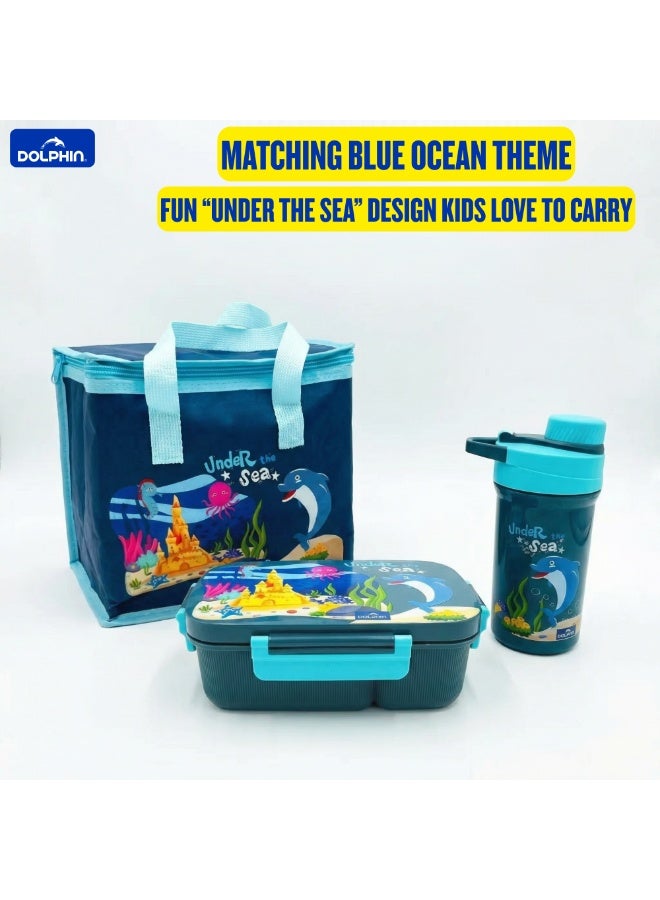 Dolphin Lunch Box Set Blue, 3-Compartment Bento Box 1800 ml with Water Bottle & Thermal Bag - Image 2